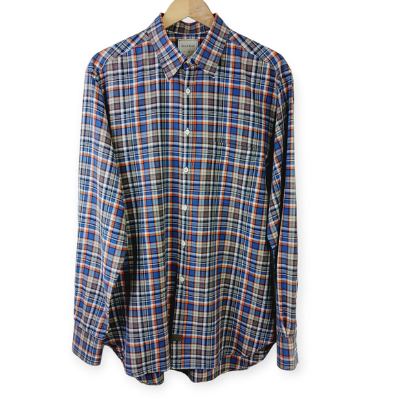 Billy Reid SZ XL Standard Cut White Blue Orange Brown Plaid Button Down Shirt - Picture 2 of 7